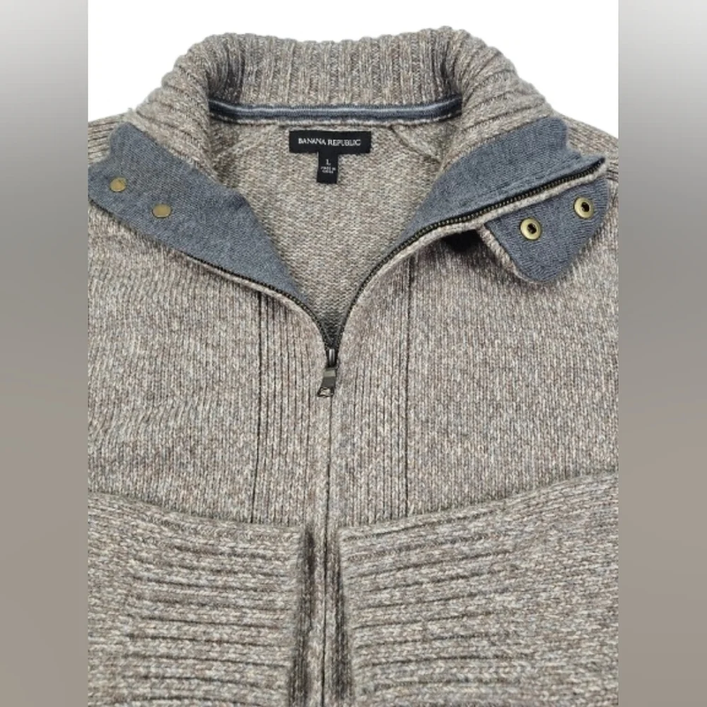 Banana Republic Lambs Wool Blend Variegated Taupe Tan Gray Knit Full Zip Sweater